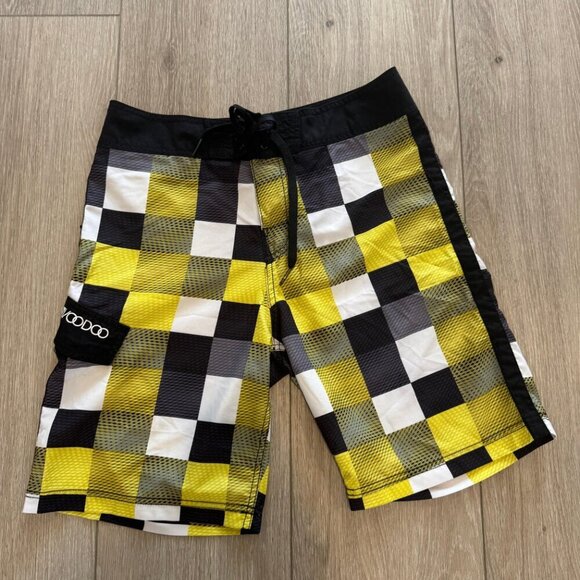 VooDoo Swim Trunks Board Shorts Mens 30 Black Yellow Checked Beach Vacation Pool - Picture 3 of 7